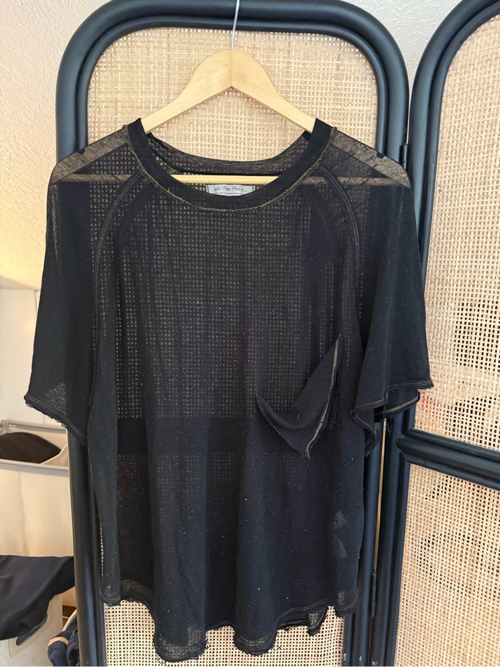 Free People Women’s Distressed Short Sleeved Pocket Tee Shirt Black Small